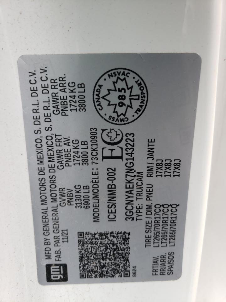 2022 CHEVROLET SILVERADO LTD K1500 VIN:3GCNYAEK7NG143223