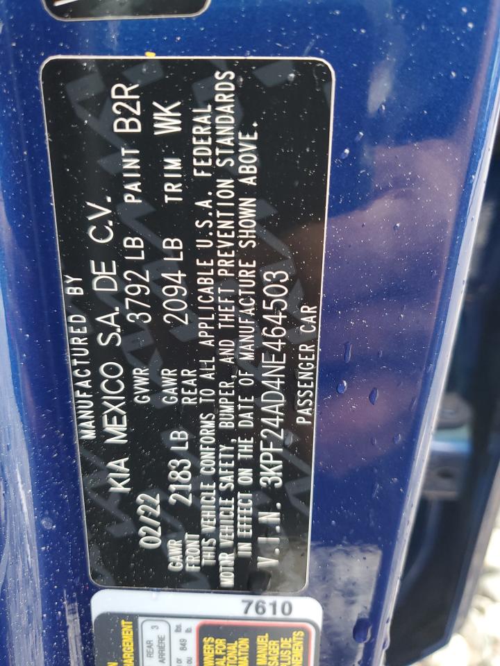 2022 KIA FORTE FE VIN:3KPF24AD4NE464503