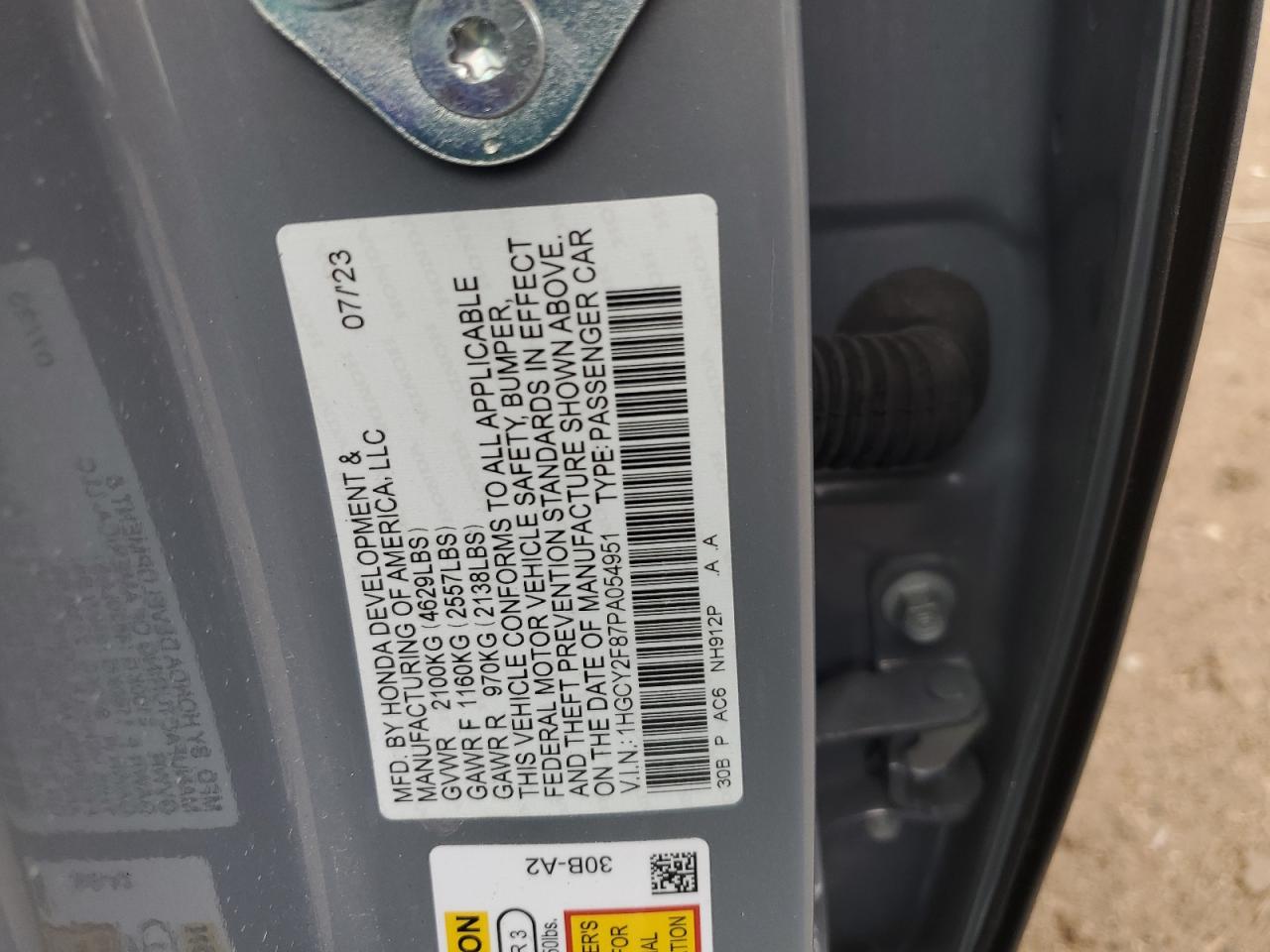 2023 HONDA ACCORD TOURING HYBRID VIN:1HGCY2F87PA054951