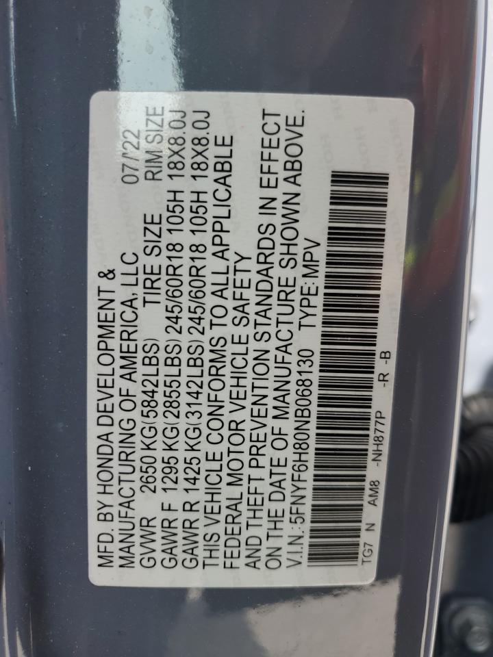 2022 HONDA PILOT TRAILSPORT VIN:5FNYF6H80NB068130