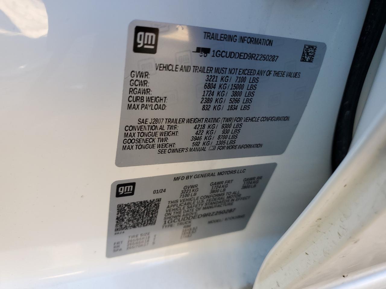 2024 CHEVROLET SILVERADO K1500 LT VIN:1GCUDDED9RZ250287