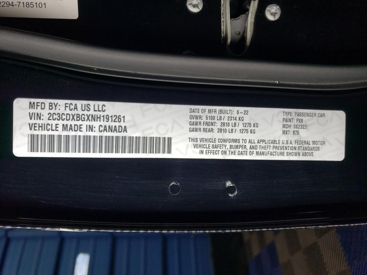 2022 DODGE CHARGER SXT VIN:2C3CDXBGXNH191261