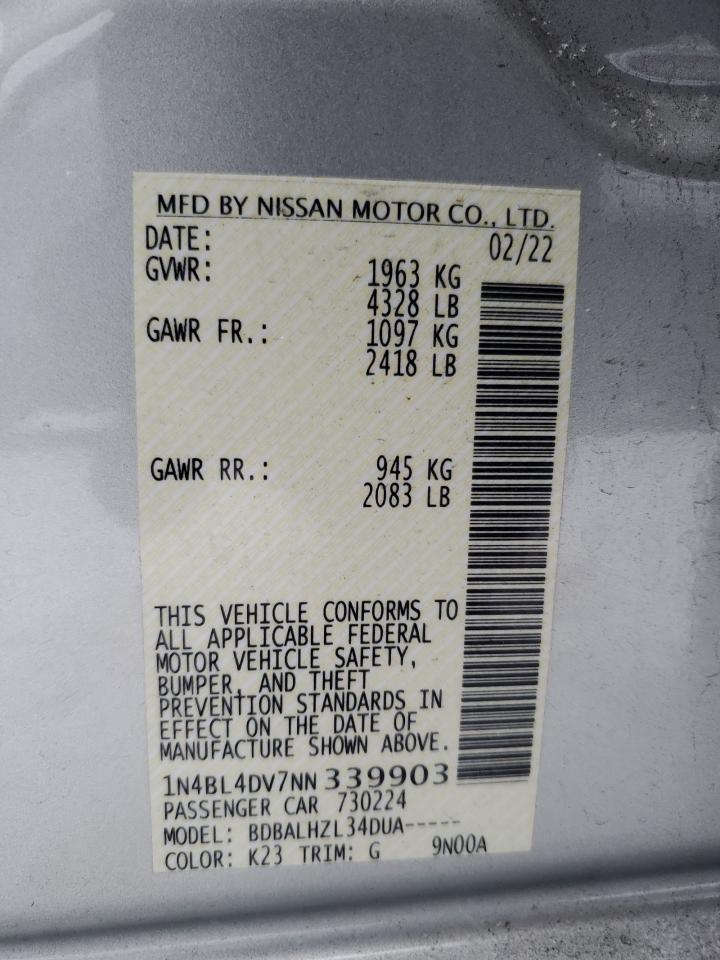 2022 NISSAN ALTIMA SV VIN:1N4BL4DV7NN339903
