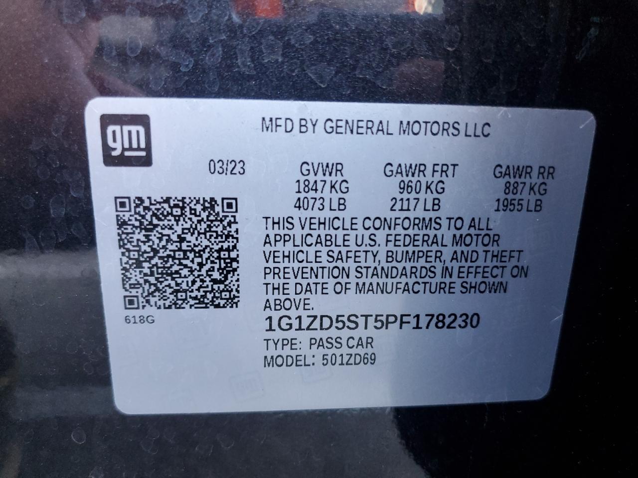 2023 CHEVROLET MALIBU LT VIN:1G1ZD5ST5PF178230