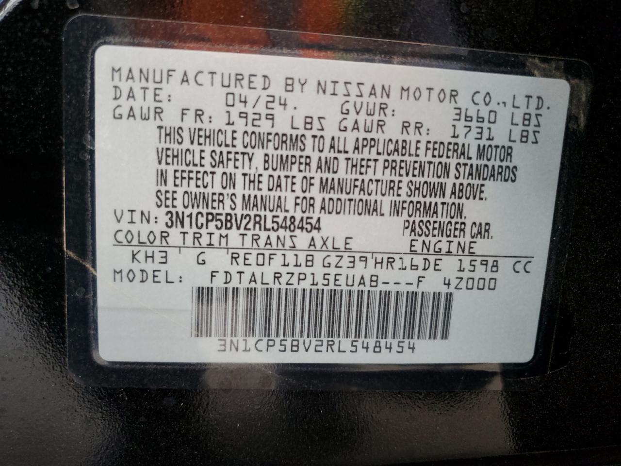 2024 NISSAN KICKS S VIN:3N1CP5BV2RL548454