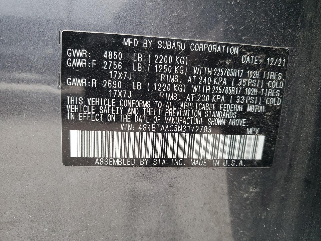 2022 SUBARU OUTBACK VIN:4S4BTAAC5N3172783