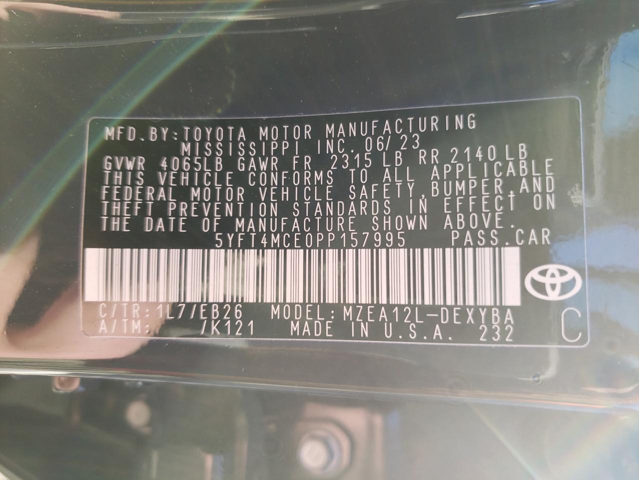 2023 TOYOTA COROLLA XSE VIN:5YFT4MCE0PP157995