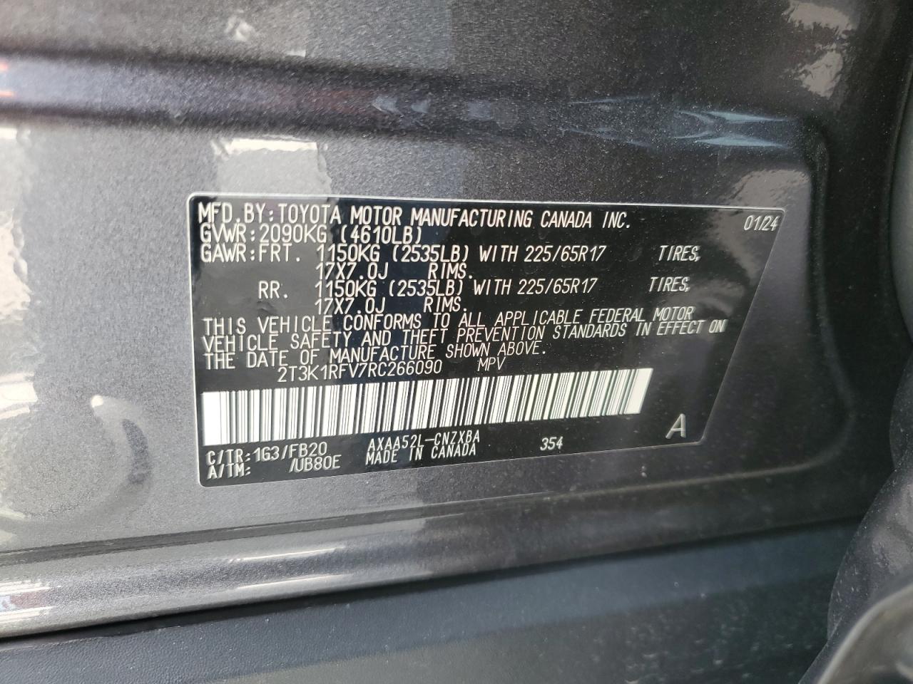 2024 TOYOTA RAV4 LE VIN:2T3K1RFV7RC266090