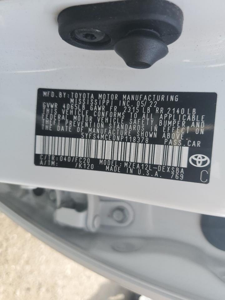 2022 TOYOTA COROLLA SE VIN:5YFS4MCE0NP118378