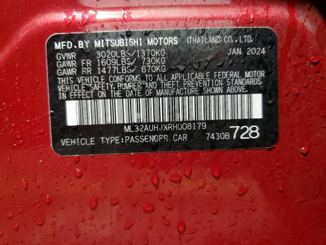 2024 MITSUBISHI MIRAGE ES VIN:ML32AUHJXRH008179
