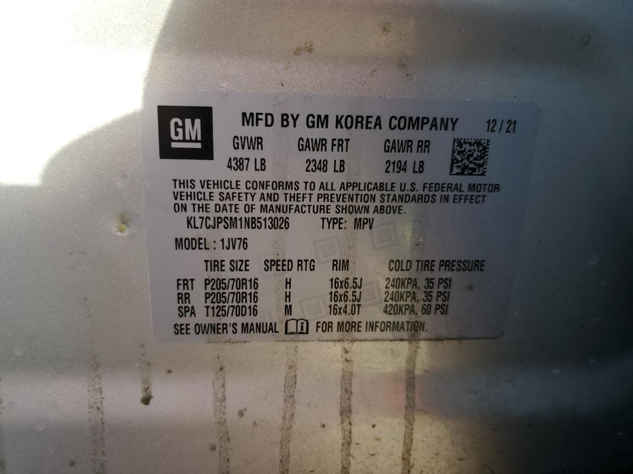 2022 CHEVROLET TRAX 1LT VIN:KL7CJPSM1NB513026