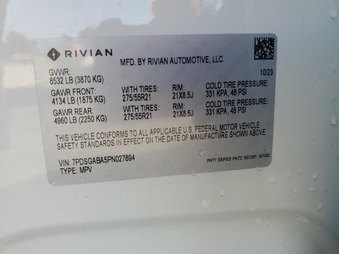 2023 RIVIAN R1S ADVENTURE VIN:7PDSGABA5PN027894
