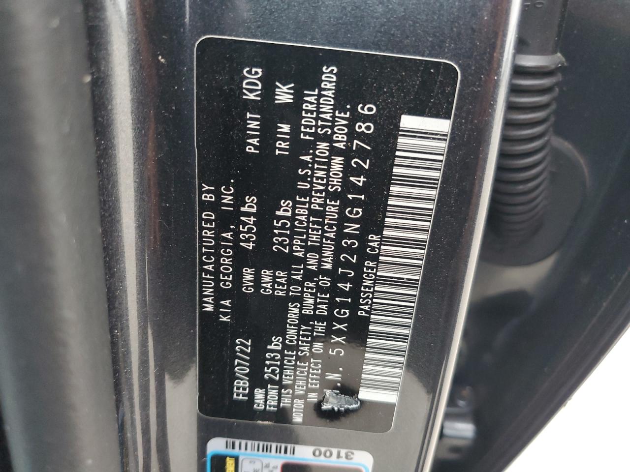 2022 KIA K5 LXS VIN:5XXG14J23NG142786
