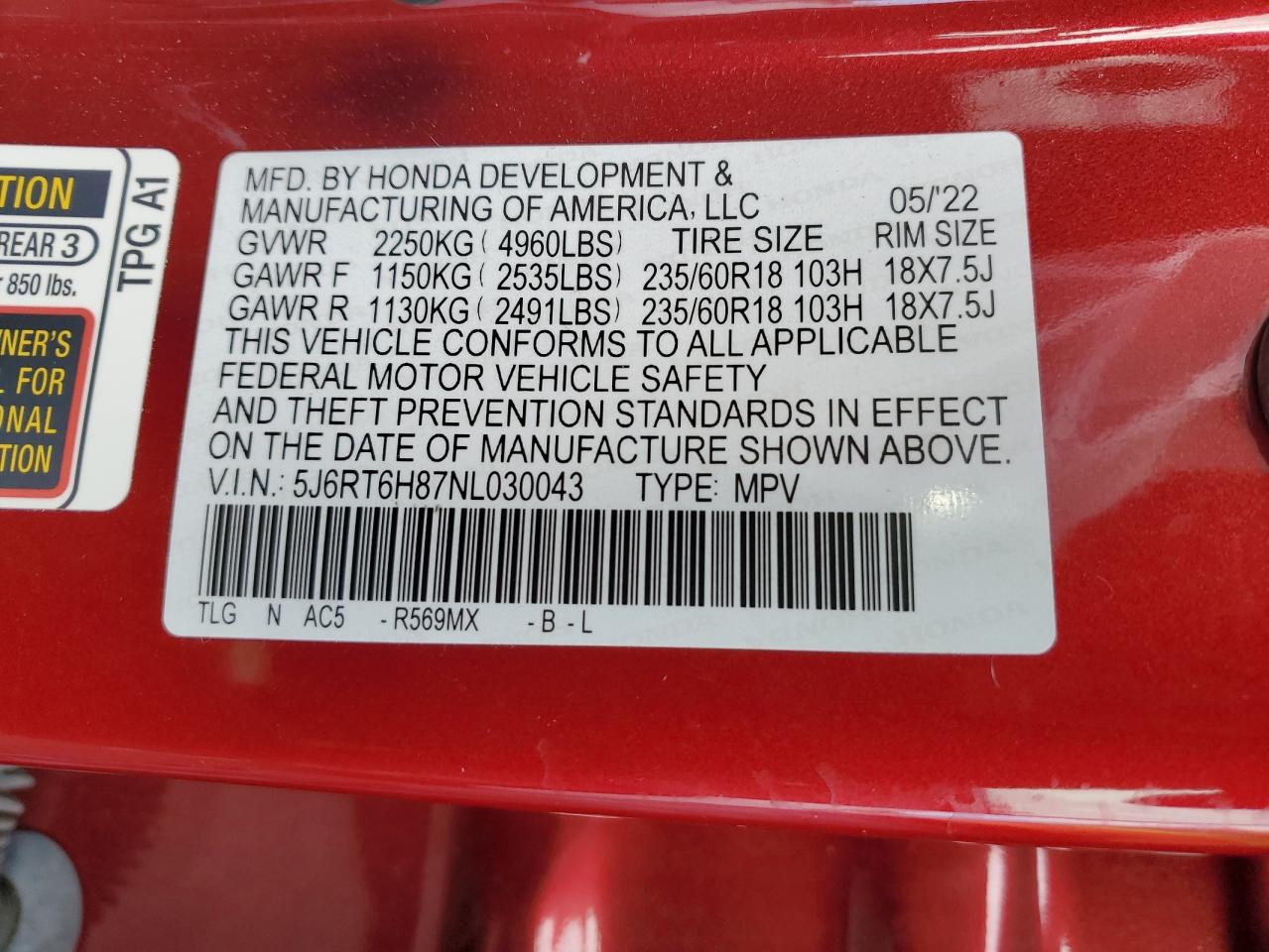 2022 HONDA CR-V EXL VIN:5J6RT6H87NL030043