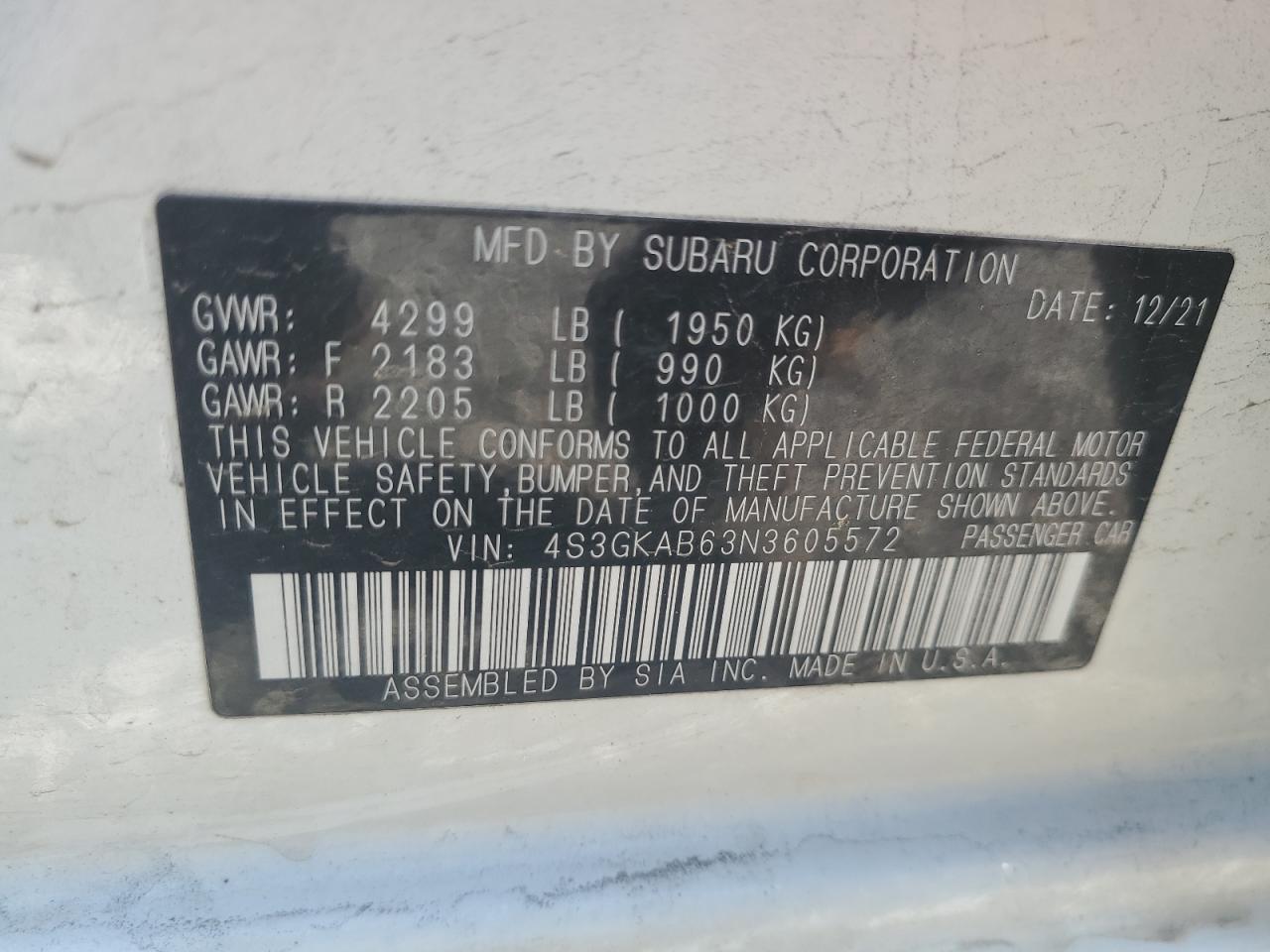 2022 SUBARU IMPREZA VIN:4S3GKAB63N3605572