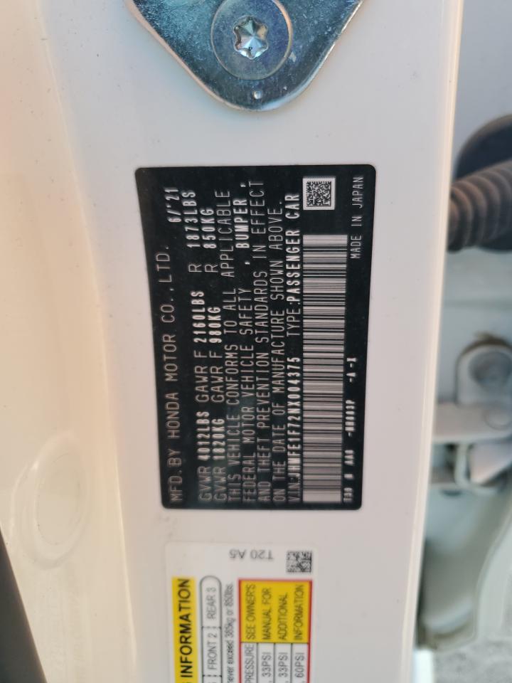 2022 HONDA CIVIC EX VIN:JHMFE1F72NX004375