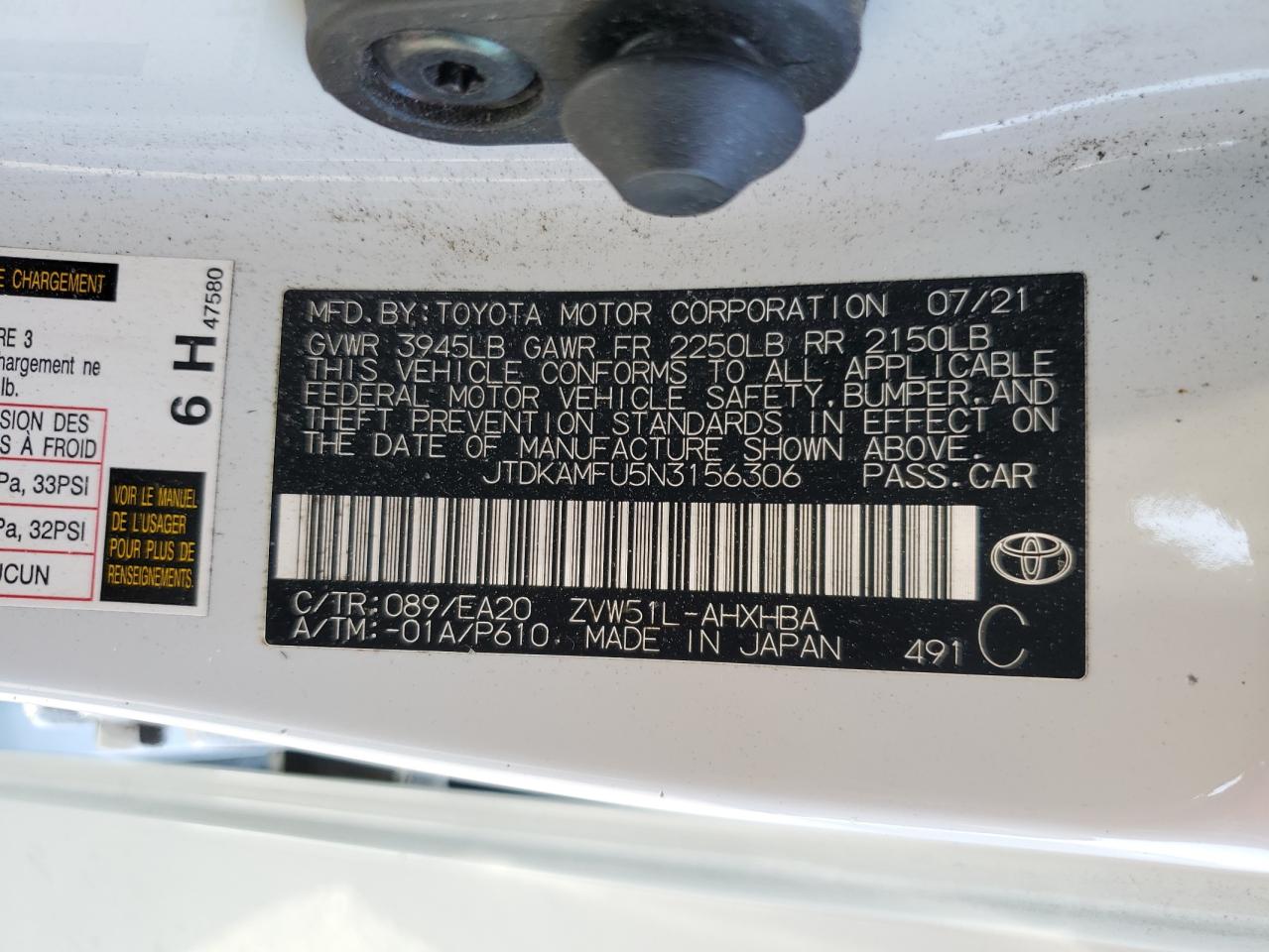 2022 TOYOTA PRIUS NIGHT SHADE VIN:JTDKAMFU5N3156306