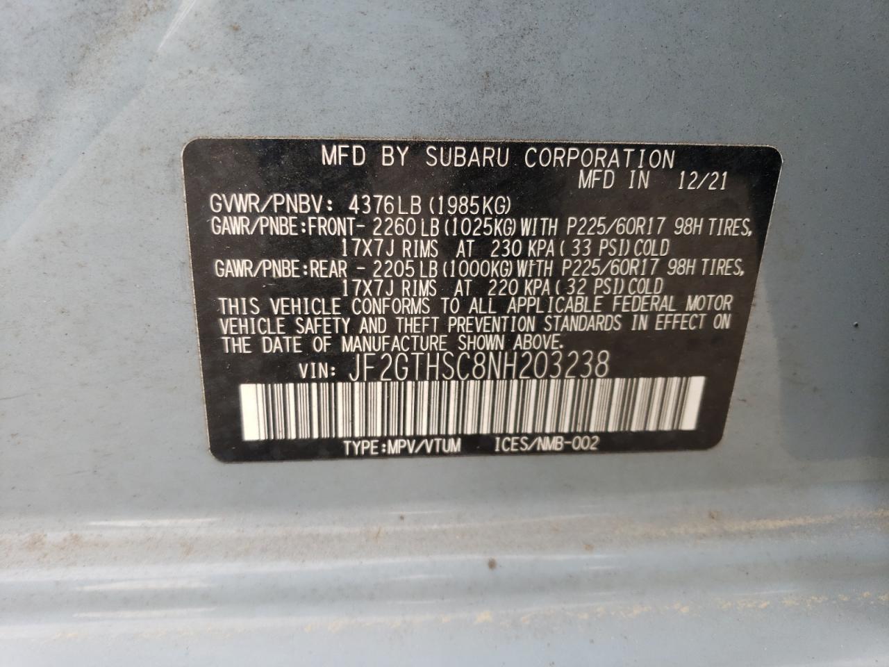 2022 SUBARU CROSSTREK SPORT VIN:JF2GTHSC8NH203238