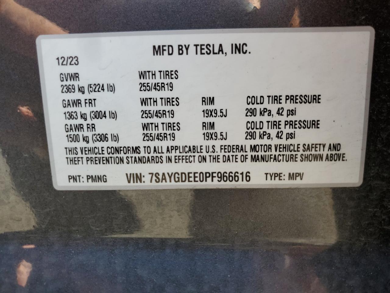2023 TESLA MODEL Y VIN:7SAYGDEE0PF966616