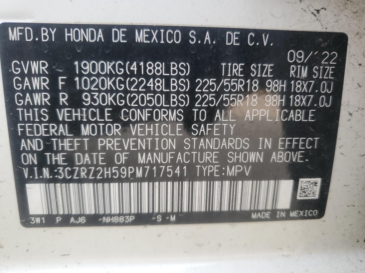 2023 HONDA HR-V SPORT VIN:3CZRZ2H59PM717541