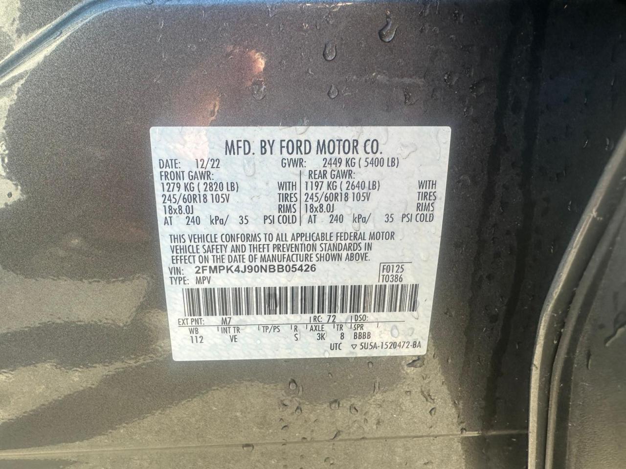 2022 FORD EDGE SEL VIN:2FMPK4J90NBB05426