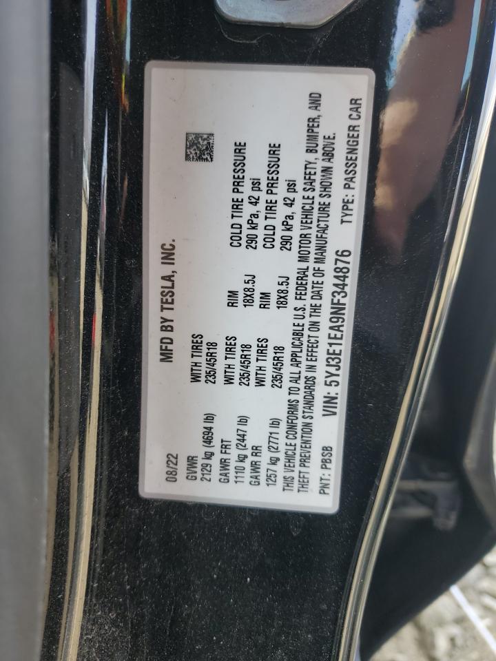 2022 TESLA MODEL 3 VIN:5YJ3E1EA9NF344876