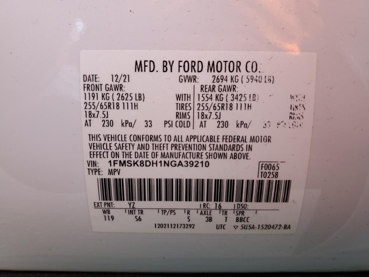 2022 FORD EXPLORER XLT VIN:1FMSK8DH1NGA39210