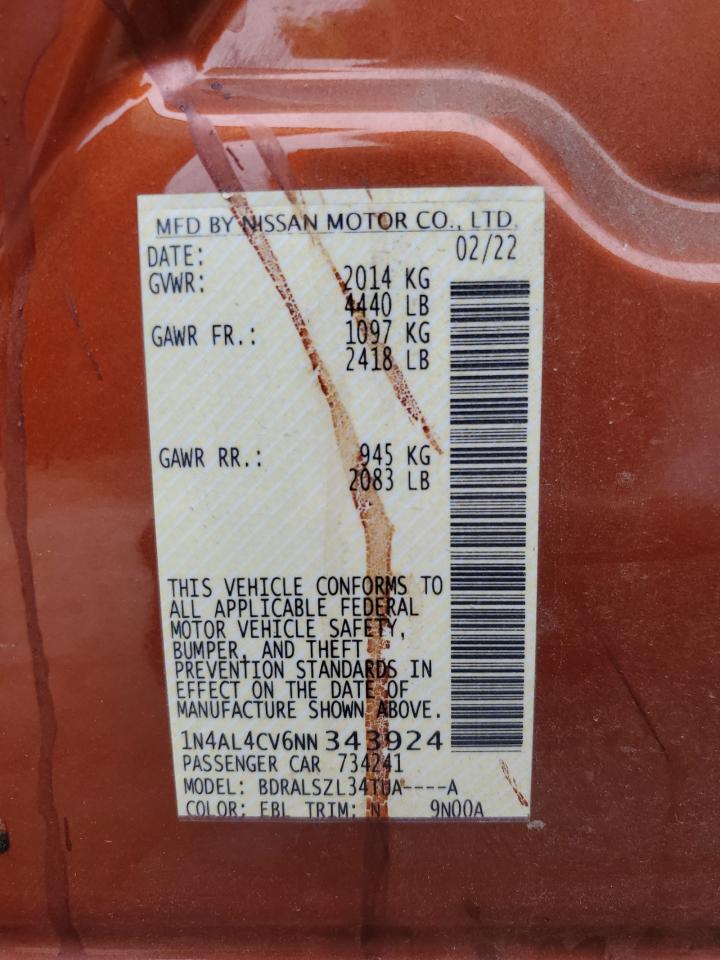 2022 NISSAN ALTIMA SR VIN:1N4AL4CV6NN343924