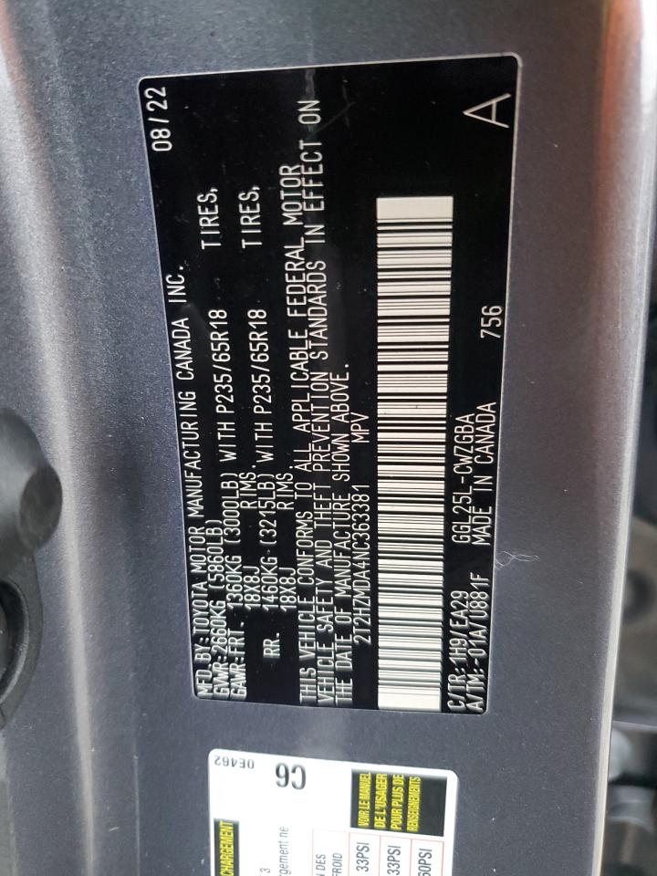 2022 LEXUS RX 350 VIN:2T2HZMDA4NC363381