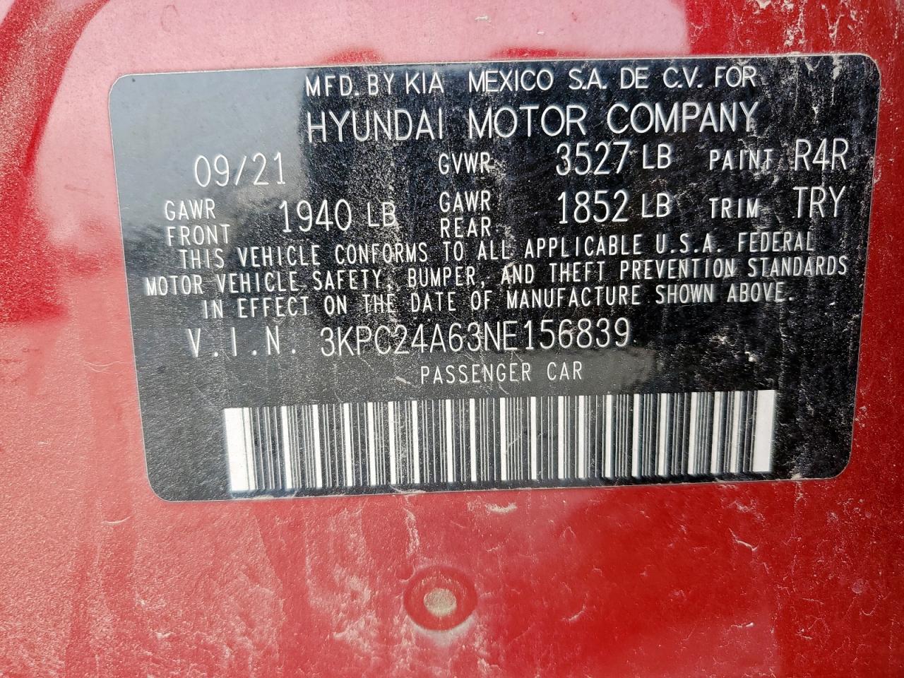 2022 HYUNDAI ACCENT SE VIN:3KPC24A63NE156839