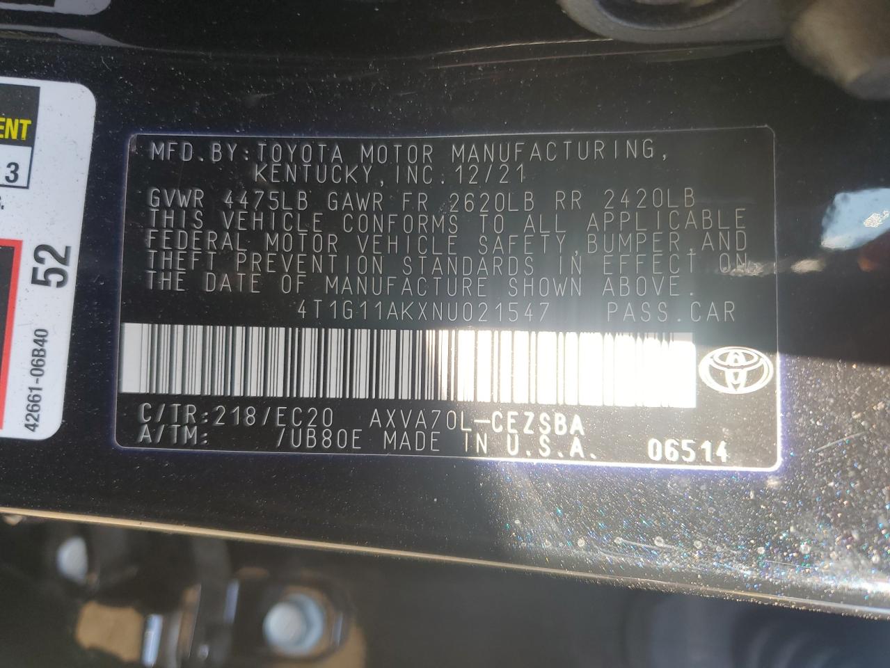 2022 TOYOTA CAMRY SE VIN:4T1G11AKXNU021547