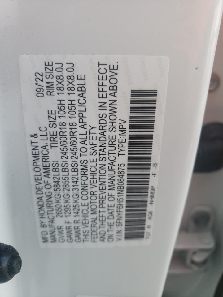 2022 HONDA PILOT EXL VIN:5FNYF6H51NB084875