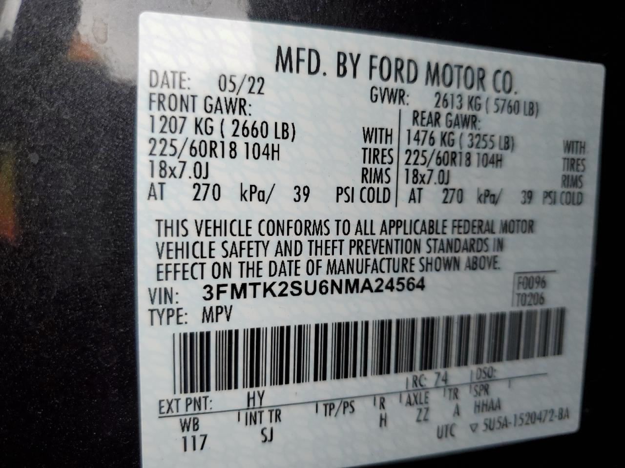 2022 FORD MUSTANG MACH-E CALIFORNIA ROUTE 1 VIN:3FMTK2SU6NMA24564