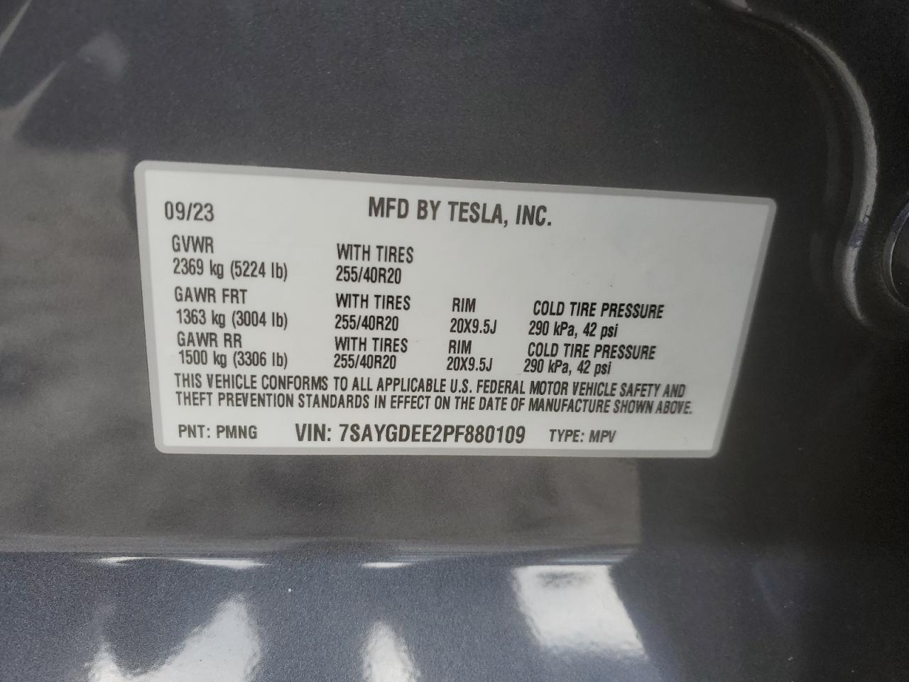 2023 TESLA MODEL Y VIN:7SAYGDEE2PF880109