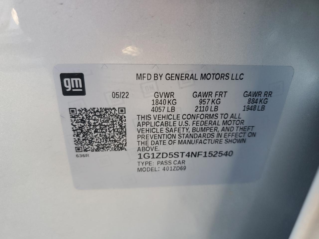 2022 CHEVROLET MALIBU LT VIN:1G1ZD5ST4NF152540