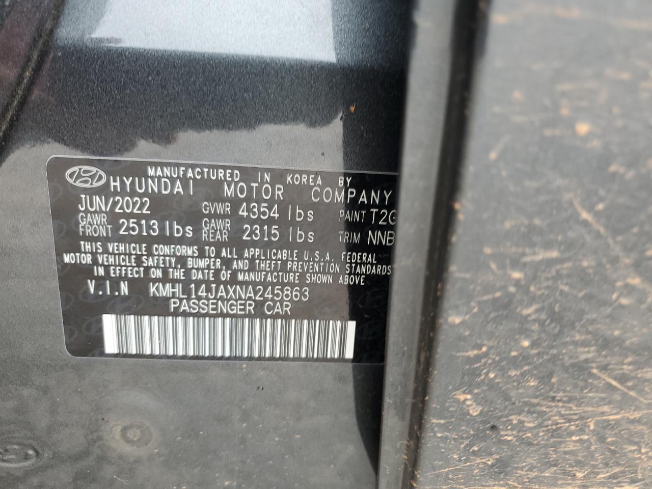 2022 HYUNDAI SONATA SEL VIN:KMHL14JAXNA245863