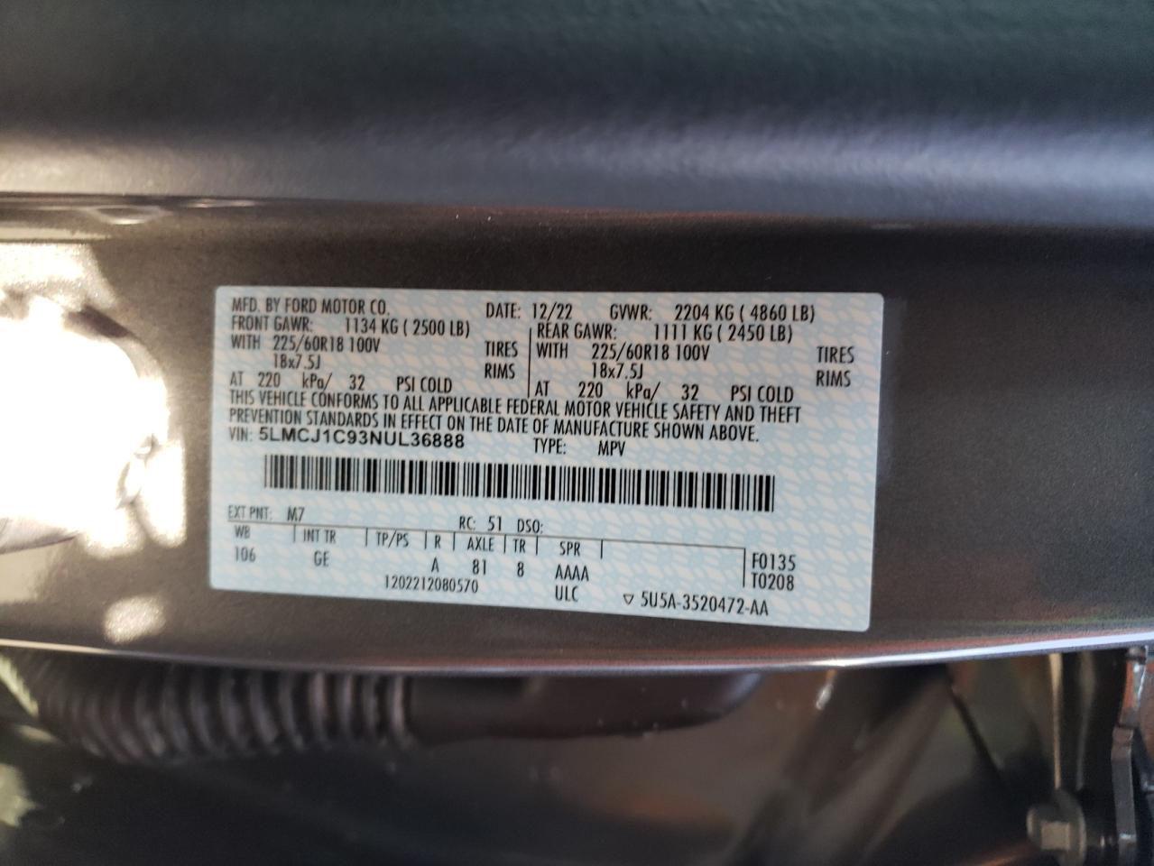 2022 LINCOLN CORSAIR VIN:5LMCJ1C93NUL36888