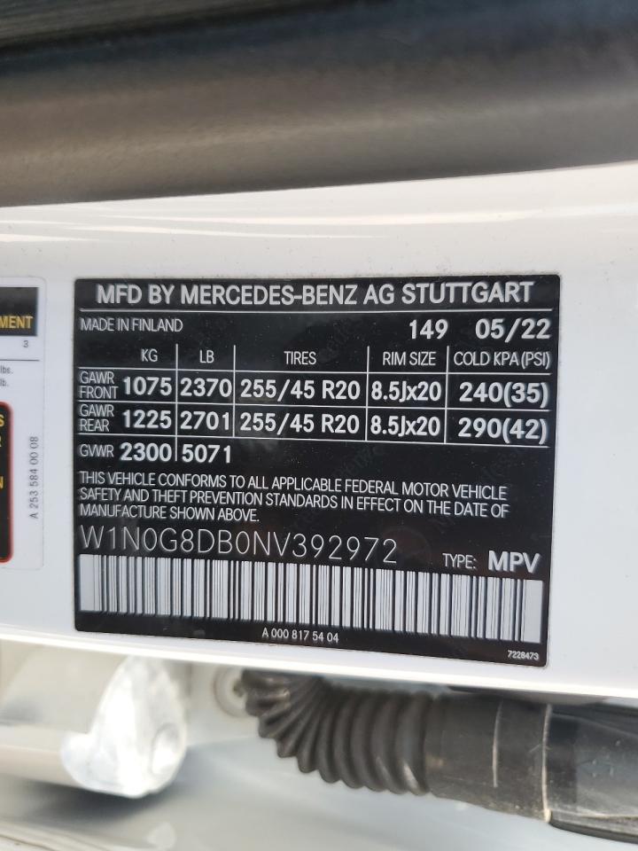 2022 MERCEDES-BENZ GLC 300 VIN:W1N0G8DB0NV392972