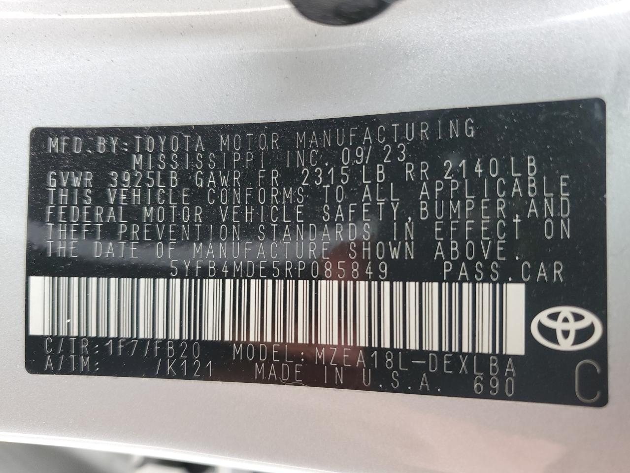 2024 TOYOTA COROLLA LE VIN:5YFB4MDE5RP085849