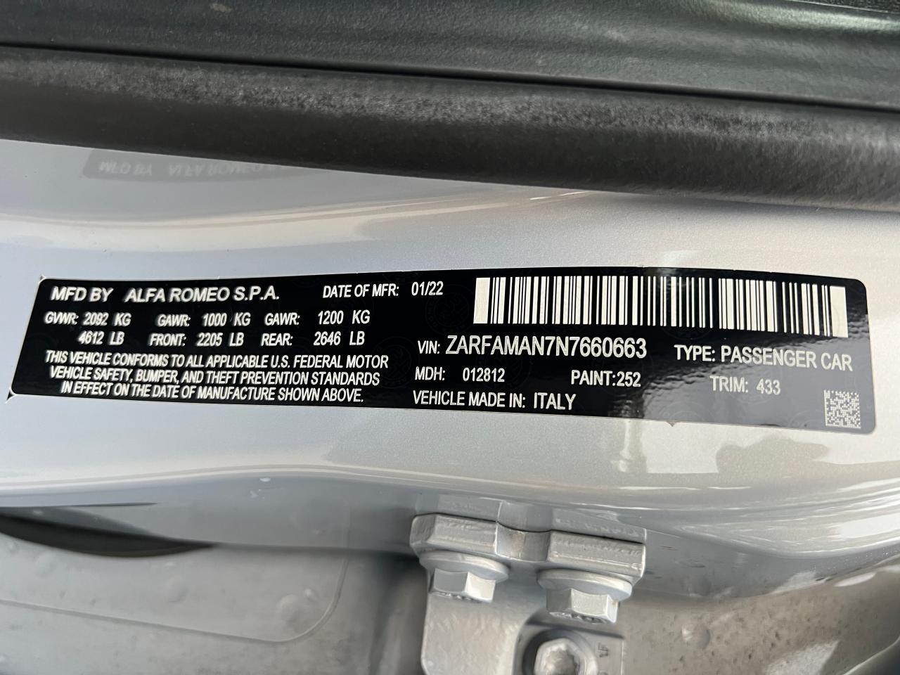 2022 ALFA ROMEO GIULIA VIN:ZARFAMAN7N7660663