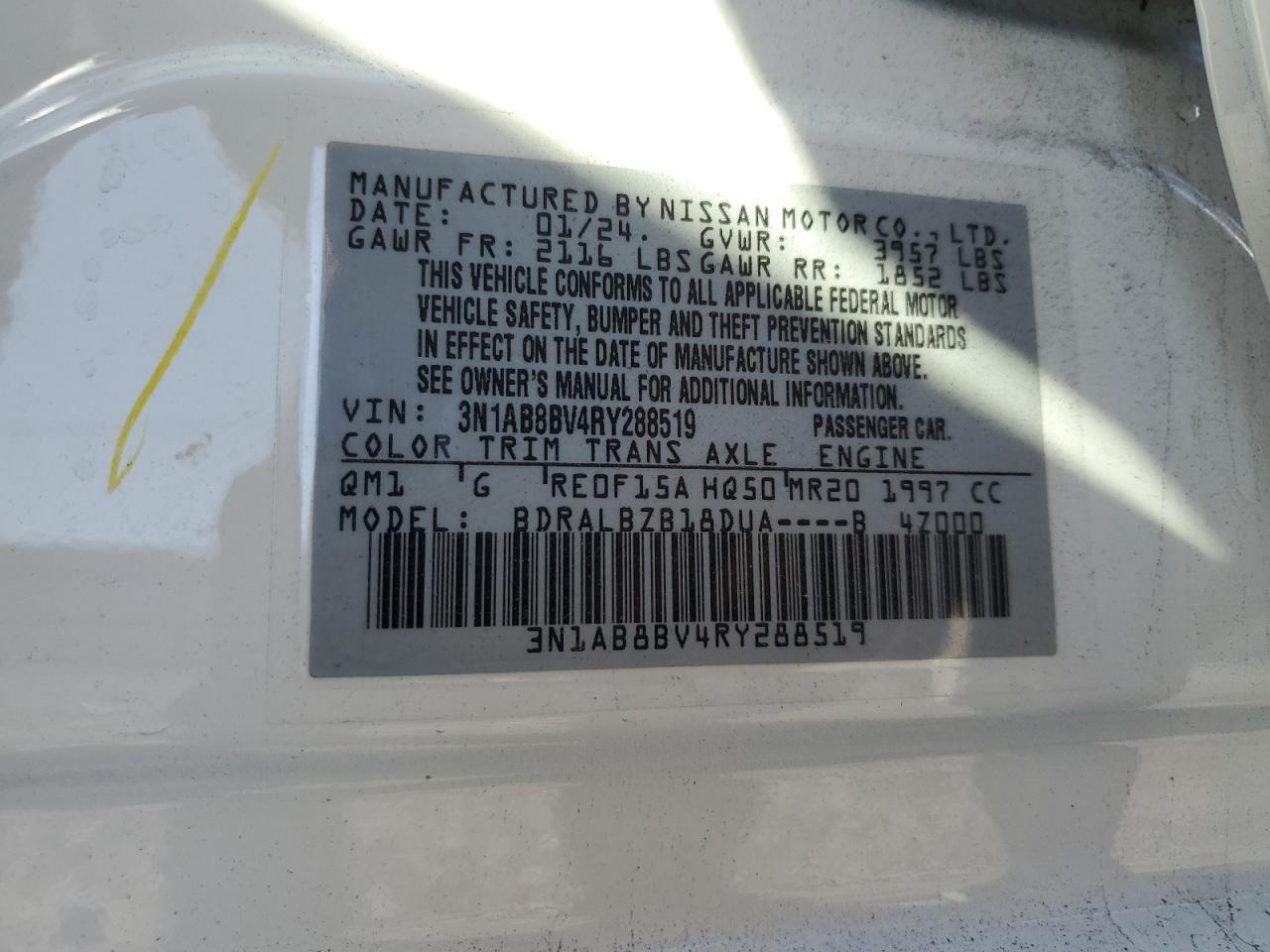 2024 NISSAN SENTRA S VIN:3N1AB8BV4RY288519