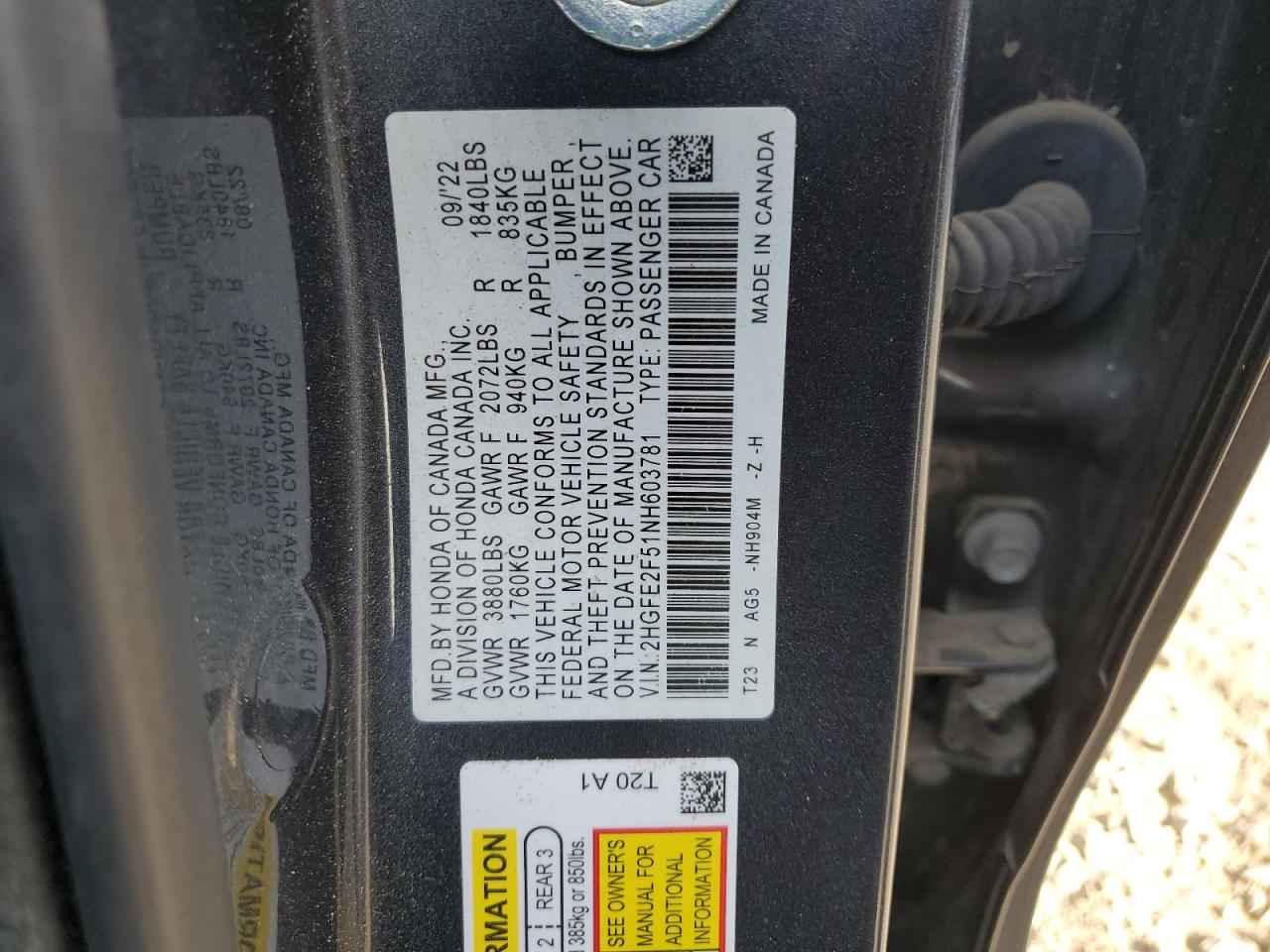 2022 HONDA CIVIC SPORT VIN:2HGFE2F51NH603781