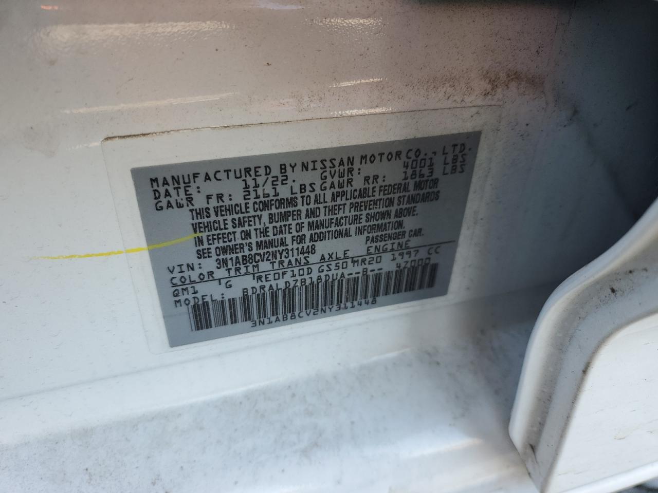 2022 NISSAN SENTRA SV VIN:3N1AB8CV2NY311448
