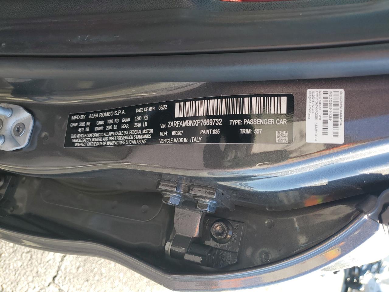 2023 ALFA ROMEO GIULIA TI VIN:ZARFAMBNXP7669732