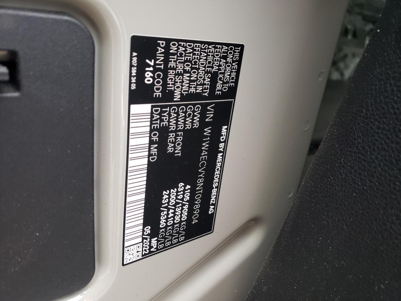 2022 MERCEDES-BENZ SPRINTER 2500 VIN:W1W4ECVY8NT098904