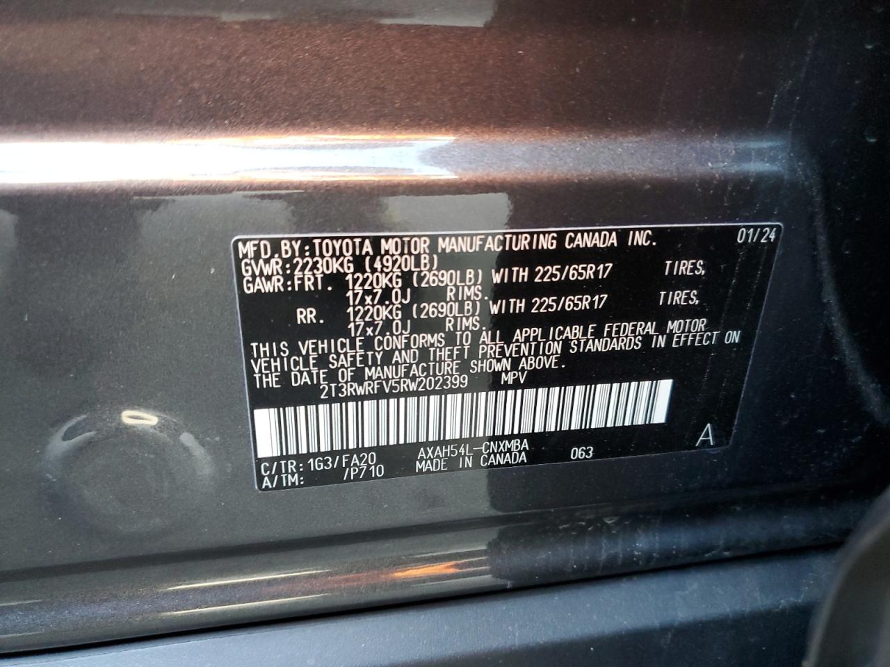 2024 TOYOTA RAV4 XLE VIN:2T3RWRFV5RW202399