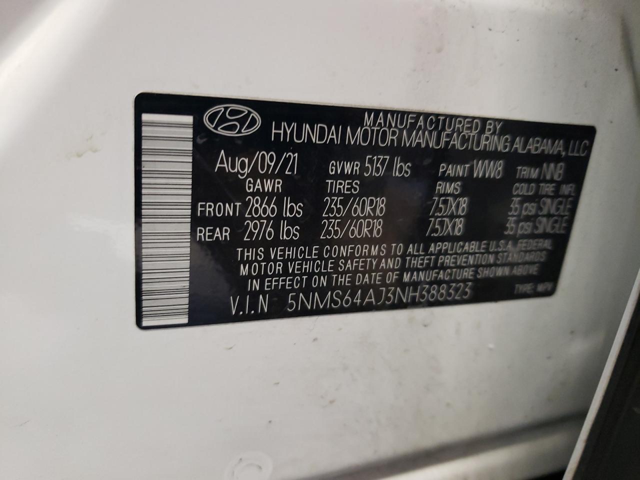 2022 HYUNDAI SANTA FE SEL VIN:5NMS64AJ3NH388323