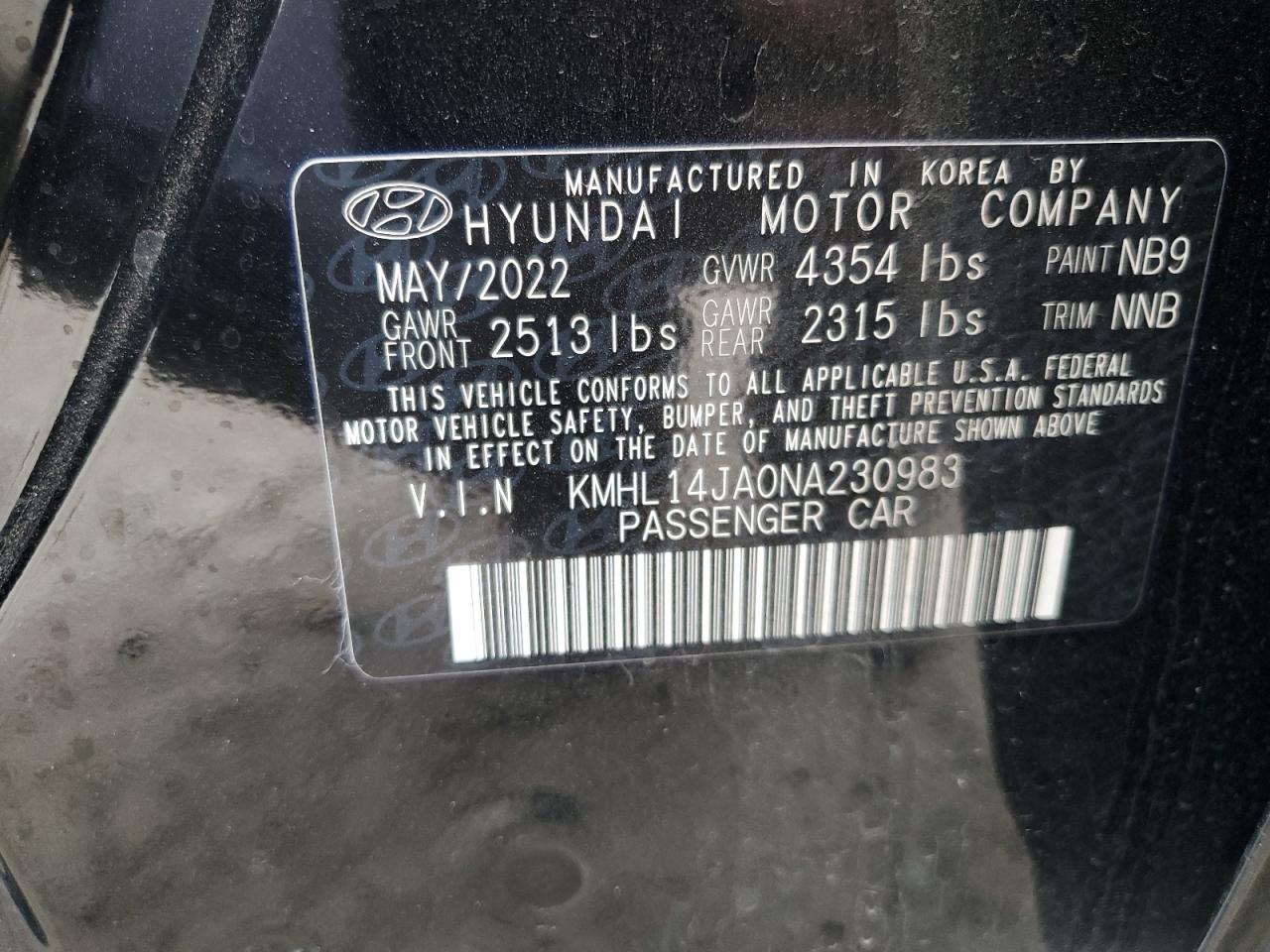 2022 HYUNDAI SONATA SEL VIN:KMHL14JA0NA230983