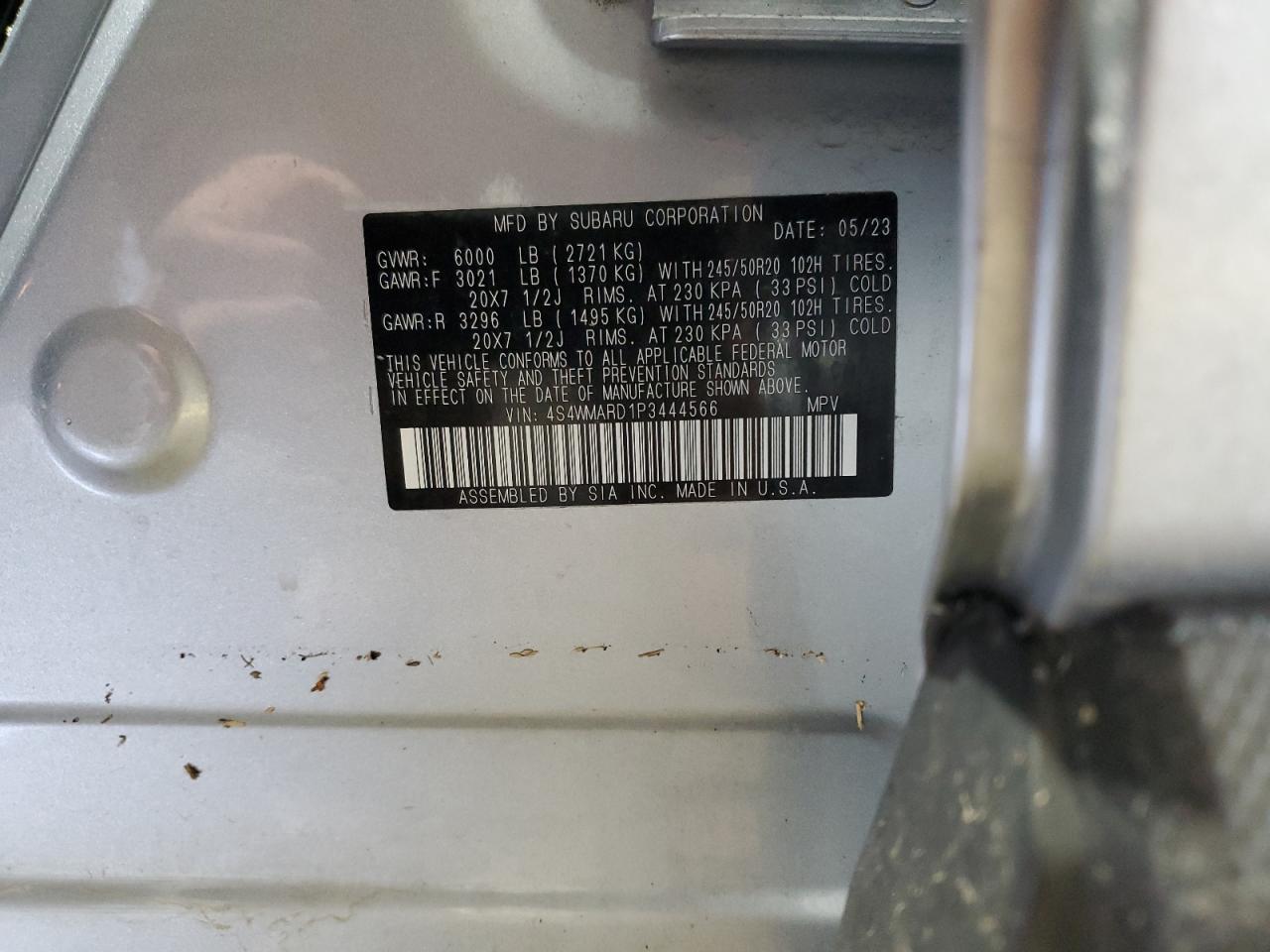 2023 SUBARU ASCENT TOURING VIN:4S4WMARD1P3444566