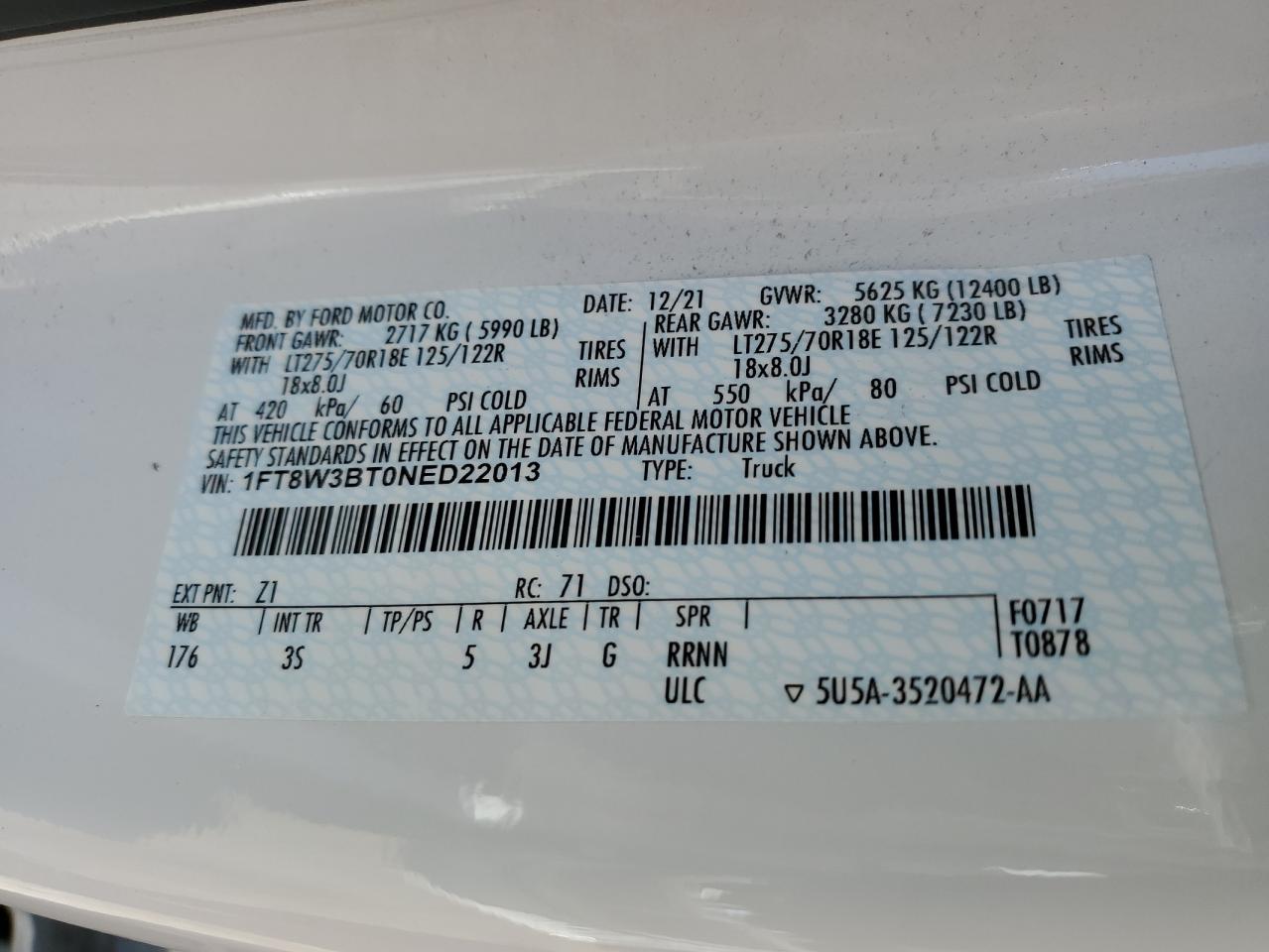2022 FORD F350 SUPER DUTY VIN:1FT8W3BT0NED22013